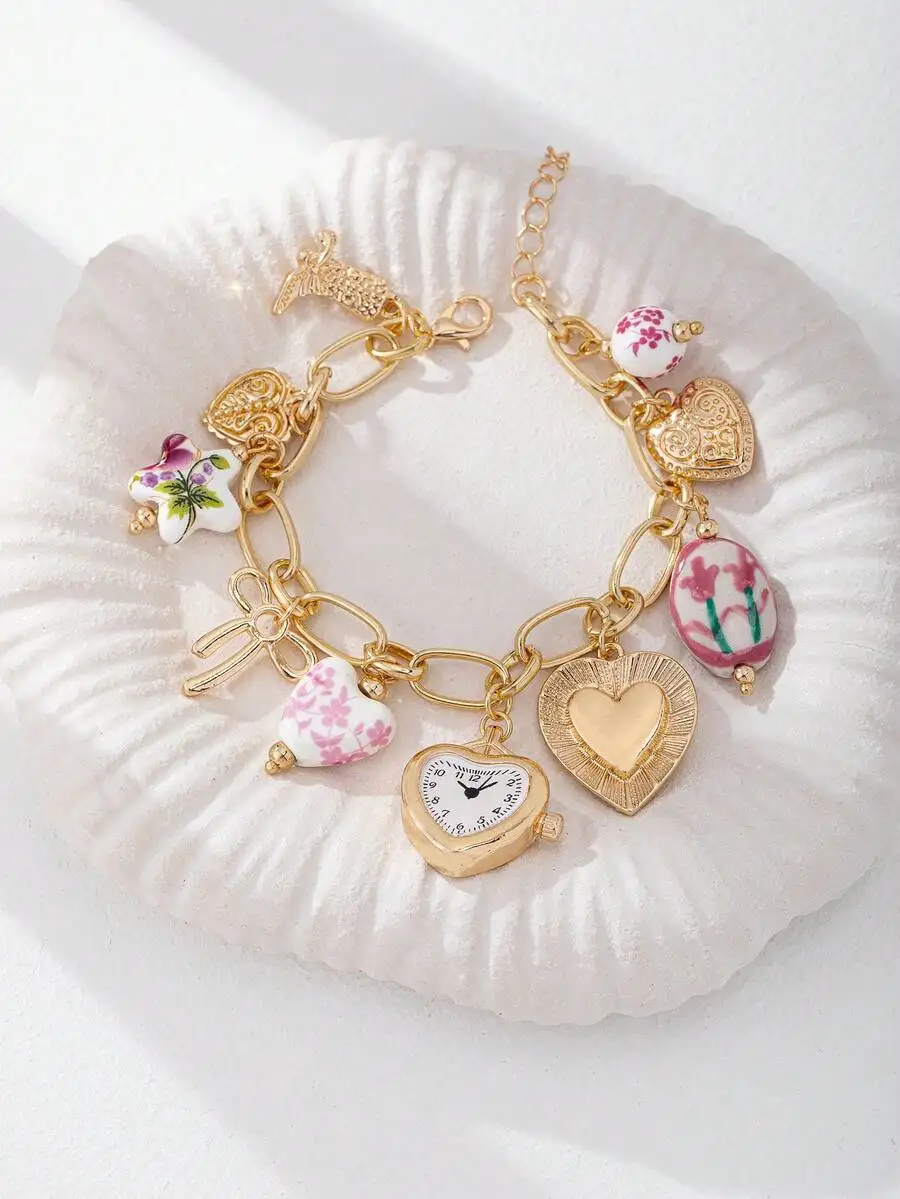 Ceramic Link Bracelet - Handmade Floral Porcelain Charm Bracelet With